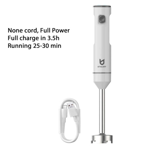 Total Game Changer Cordless Hand Blender With Integrated Whisk For Crushing Smoothies Blending Creamy Soups And Mixing Smooth Milkshakes. White design with USB charging cable.