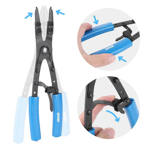 Beefed-Up Heavy Duty 2 Piece 10 Inch Multi Angle Internal And External Circlip Pliers Set with spring lock shown in use