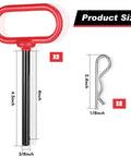 Illustration showing 8 Pack Three Eighths By Four Inch Locking Trailer Hitch Pins With Clips and Handles, Red, alongside size dimensions.