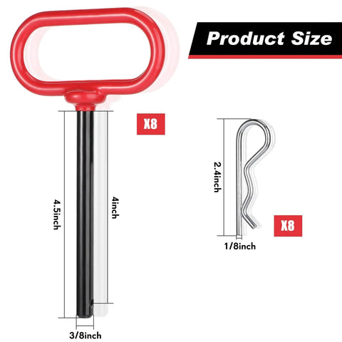 Illustration showing 8 Pack Three Eighths By Four Inch Locking Trailer Hitch Pins With Clips and Handles, Red, alongside size dimensions.