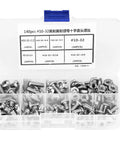 Durable 140 Piece Pan Head Screw Set in Clear Box open showing 304 stainless steel hardware organized for DIY projects.
