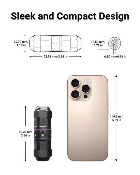 Diagram and photo of IP68 Waterproof RJ45 Coupler For Outdoor Cams And IP Gear Shielded Ethernet Connector For Cat6 Cat5e Cat5 PoE Ready Ultra Tough PA66 Weatherproof Housing Compact 3.64 Inch Outdoor 2 Pack next to a smartphone.