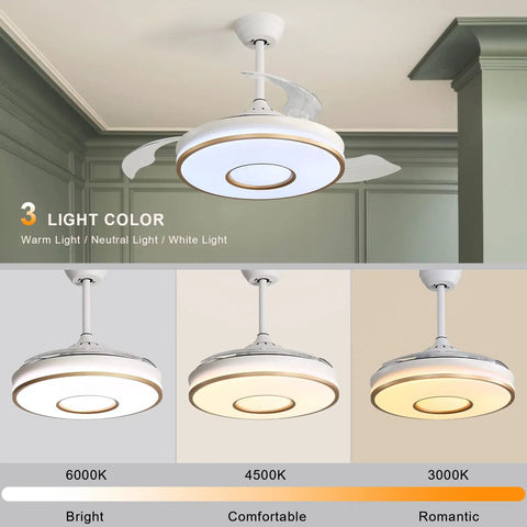 42 Inch Smart Ceiling Fan With Remote And Lights, Modern Chandelier Style, showing light color options and bladeless design.