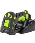 Upgraded 2D Industrial Barcode Scanner With Wireless Charging Stand And 433 MHz Wireless And Bluetooth 2In1 Reader With Long Range Wireless Shock Dust Proof Hands Free Green resting in stand