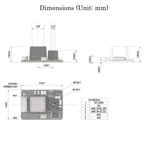 Technical diagram showing dimensions and pin layout of the TFS20 Lidar Module for Robots and Drones With 0.2 to 20 Meter Range and 6 cm Precision