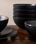 Set of Venus 12 Piece Stoneware Plates And Bowls With Trim, Matte Black, Stackable, Microwave and Dishwasher Safe, Side View