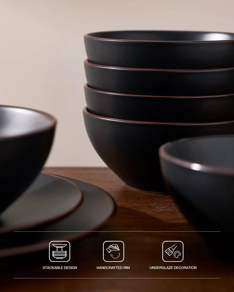 Set of Venus 12 Piece Stoneware Plates And Bowls With Trim, Matte Black, Stackable, Microwave and Dishwasher Safe, Side View
