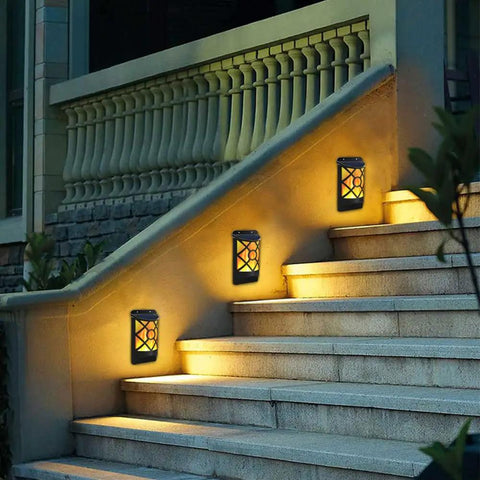 Outdoor Solar Flame Lights, 66 LED Waterproof Wall Mounted Flickering Dancing Flame With Auto On Off and Dark Sensor along stairs
