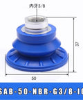 Solid One Pc Pneumatic Manipulator Vacuum Sucker Industrial Nozzle With Flat Rubber Silicone Bellows Design showing blue SAB-50 rubber cup.