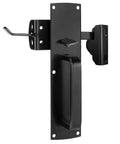 Top Shelf Thumb Press Gate Latch With Slick Grip Handle Rock Solid Black Metal Yard Lock For Outdoor Fence Backyard Pool Gate Easy Install Security Kit close-up view of metal latch with handle and locking mechanism.
