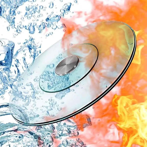 Go-To Heavy-Duty Glass Lazy Susan Turntable with explosion-proof double glass and anti-skid base shown in dynamic liquid and fire background.