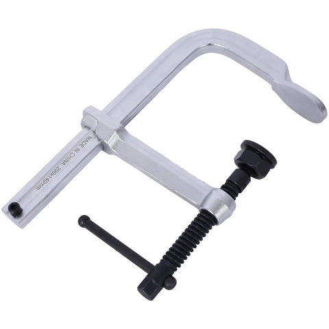 Heavy Duty F Clamp With Removable Swivel Pads And Deep 8 Inch Jaw For Serious Welding And Woodworking Projects That Need Real Grit And Grip To Hold Things Tight, showcasing chrome finish and detailed mechanism.