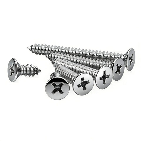 Rock Solid Hundred Pack Of Number 4 Flat Head Phillips Self Tapping Screws Crafted From Corrosion Resistant 304 Stainless Steel close-up view.