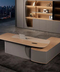 Slick L Shaped Computer Desk For Home Office Spacious Executive Workstation With Retro Modern Vibe Height Adjustable Standing Desk Setup, featuring wooden top, sleek design.
