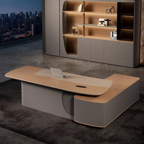 Slick L Shaped Computer Desk For Home Office Spacious Executive Workstation With Retro Modern Vibe Height Adjustable Standing Desk Setup, featuring wooden top, sleek design.