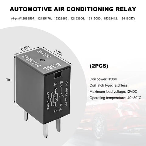 Top Shelf 2 Pack 4 Pin Car Ac Standard Cooling Relay 12V 40A Heavy Duty High Power Switch shown with dimensions and specifications.