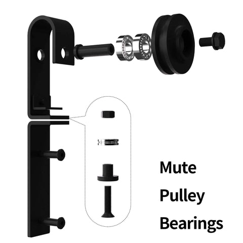 Double Bifold Sliding Barn Door Hardware Kit For Closet Doors, 48 Inch, exploded view showing black metal pulley and bracket parts.