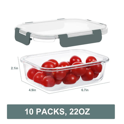 10 Pack 22 Oz Glass Meal Prep Containers With Lids, Airtight BPA Free Food Storage With Dimensions, Filled with Red Tomatoes