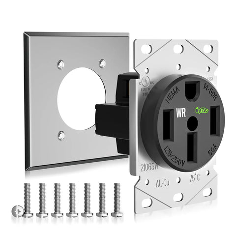 Built Tough Nema 14 50R Electric Vehicle Charging Outlet 50 Amp Ev Charger Socket with wall plate and screws for installation.