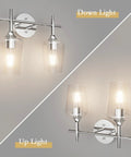 Chrome Two Light Bathroom Fixture With Clear Glass Wall Mount Sconce shown in up and down light orientations, industrial style.