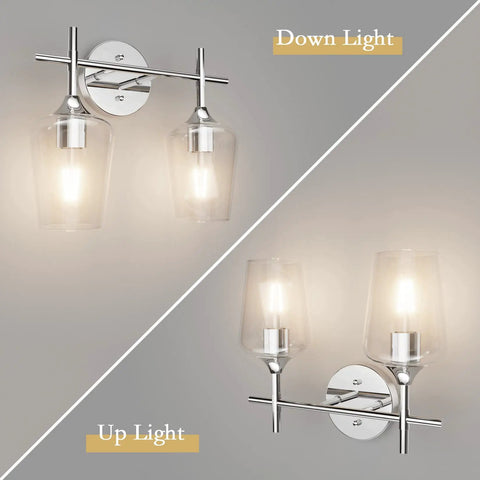 Chrome Two Light Bathroom Fixture With Clear Glass Wall Mount Sconce shown in up and down light orientations, industrial style.