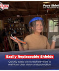 Built Tough Ansi Z87.1 Face Shield Kit featuring adjustable headgear and clear polycarbonate shields in workshop.