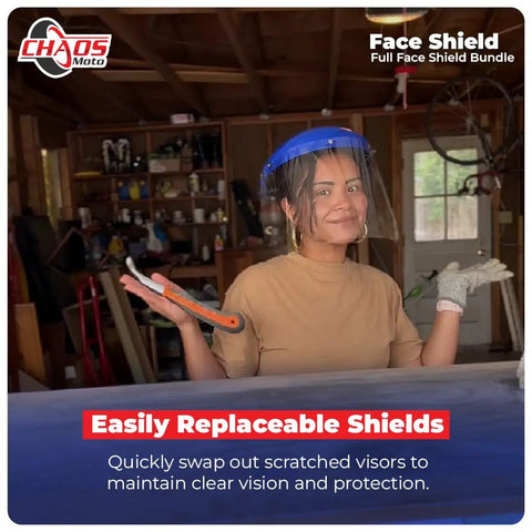 Built Tough Ansi Z87.1 Face Shield Kit featuring adjustable headgear and clear polycarbonate shields in workshop.
