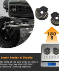 F10 Portal Axle Brass Weights And Front And Rear Portal Covers For Vanquish VRD VS4-10 Phoenix 1/10 RC Crawler Beefed Up Lower COG Upgrade With 176g Front Portal Cover And Black Coated CNC Upgrade Kit displayed beside scale showing 180g