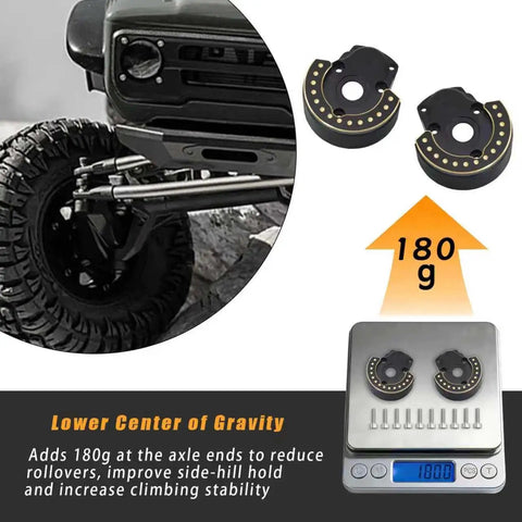 F10 Portal Axle Brass Weights And Front And Rear Portal Covers For Vanquish VRD VS4-10 Phoenix 1/10 RC Crawler Beefed Up Lower COG Upgrade With 176g Front Portal Cover And Black Coated CNC Upgrade Kit displayed beside scale showing 180g