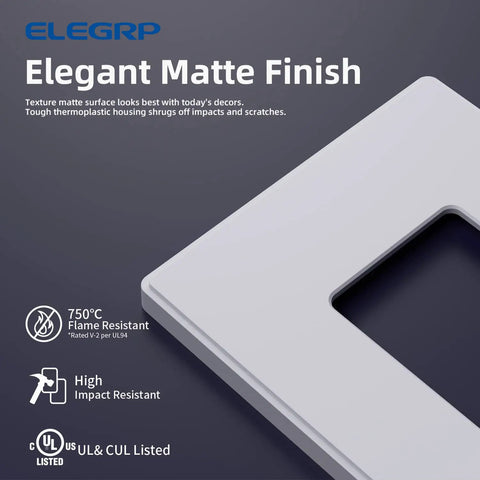 1 Gang Screwless Decorator Wall Plate Mid Size Unbreakable Thermoplastic Faceplate Cover For Decorator Receptacle Outlet Switch Sleek Invisible Screw Design Matte White Finish UL Listed CUL Listed 5 Pack product showing elegant matte finish and certifications