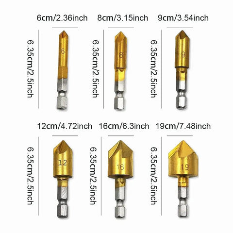 6 Piece Countersink Drill Bit Set With One Quarter Hex Shank 82 Degree Five Flute Center Punch For Metal Wood Plastic