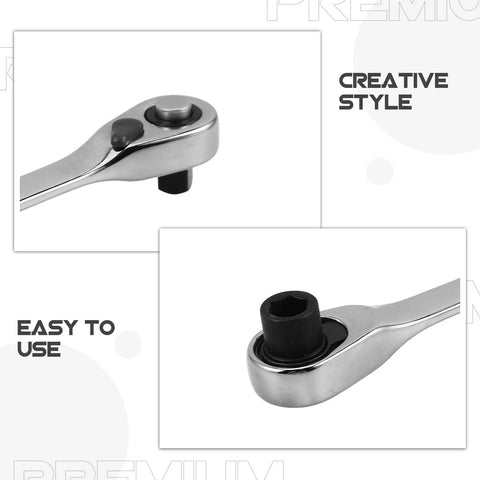 Rock Solid Mini Ratchet Wrench With 1/4 Inch Double Ended Reversible Socket And Knurled Finger Grip showing the handle and socket design.