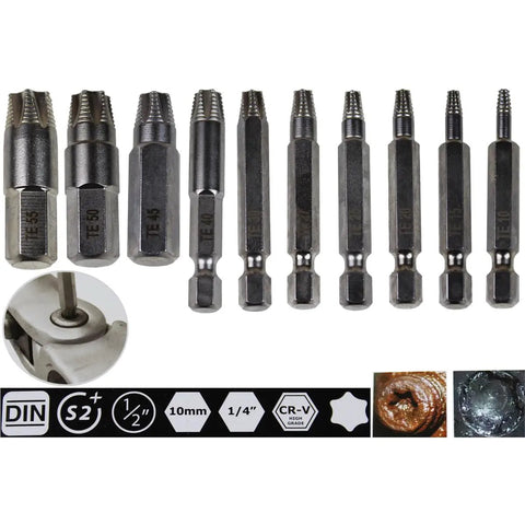 Pro Grade Damaged Torx Screw Extractor Set 11 Piece With One Quarter Inch Shank showing various extractor bits T10-T55