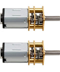 Two Pack DC Micro Gearbox Motors 3V 100 RPM N20, 17x12mm Body With 10x3mm Shaft, showing metal gear train and compact design.