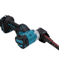 No Fuss 21V Cordless Belt Sander That Knocks Out Rough Woodjobs And Swivels Into Cramped Corners With A Brushless Motor At 1700 RPM shown from side angle.