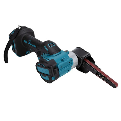 No Fuss 21V Cordless Belt Sander That Knocks Out Rough Woodjobs And Swivels Into Cramped Corners With A Brushless Motor At 1700 RPM shown from side angle.
