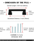 Diagram showing dimensions of 10 Pack 3 Inch Hole Center Matte Black Cabinet Pulls And Handles For Cabinets Drawers Dressers Vanities Closets Durable Metal Hardware With Included 1 Inch And 1 And A Half Inch Screws For Easy Installation. Specifications include overall length, height, width, and suitable board thicknesses for screws.