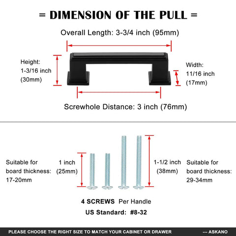 Diagram showing dimensions of 10 Pack 3 Inch Hole Center Matte Black Cabinet Pulls And Handles For Cabinets Drawers Dressers Vanities Closets Durable Metal Hardware With Included 1 Inch And 1 And A Half Inch Screws For Easy Installation. Specifications include overall length, height, width, and suitable board thicknesses for screws.