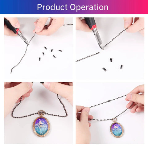 65 Ft Ball Bead Chain Roll In Black With 40 Ball Connectors And Pliers For Necklace Hanging Ornaments Key Chains Dog Tags And Pet Tags Easy Cuttable 2 4mm Bead Link DIY Craft Kit shown with pliers and necklace assembly