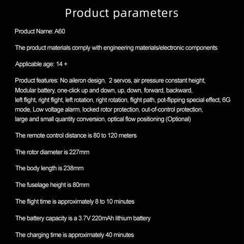 Rad RC Helicopter For Adults A60 Era product parameters including rotor diameter, body length, and flight features.