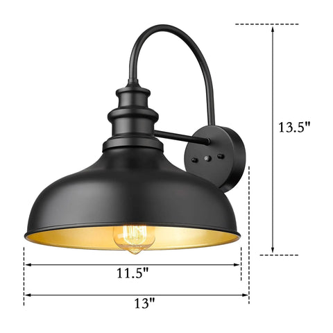 Dusk To Dawn Sensor Farmhouse Barn Light, No Fuss Auto On Off Outdoor Wall Lantern, Anti Rust Sconce, Black And Gold Finish, 11.5" x 13" x 13.5"