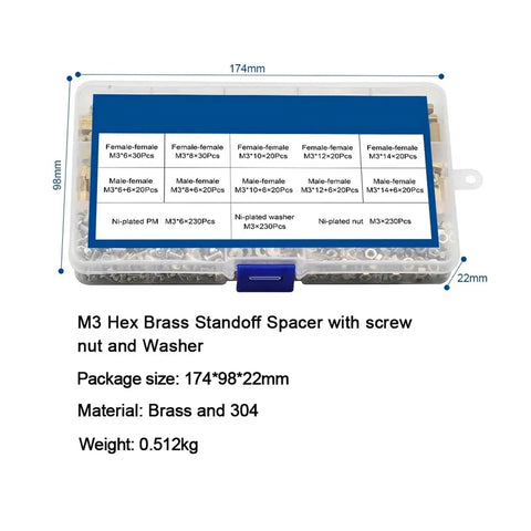 910 Piece M3 Brass Hex Standoff Spacer Kit With Screws Nuts And Washers For PCB And Motherboard Assembly, Complete Electronics Gear For DIYers And Tech Nerds. Plastic case with M3 brass standoffs, screws, nuts and washers for PCB assembly