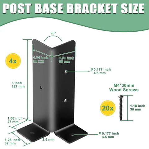 Beefed Up Adjustable Post Anchor Brackets Kit For Deck Posts 1.5x1.5, 2x2, 2x4, 4x4 Heavy Duty Half Post Base Black For Wood Fence Pergola Railing Easy Install