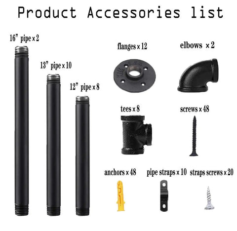 Heavy Duty Industrial Iron Pipe Shelf Brackets Set Two Pack Five Tier Open Bookshelf System accessories list with pipes and fittings