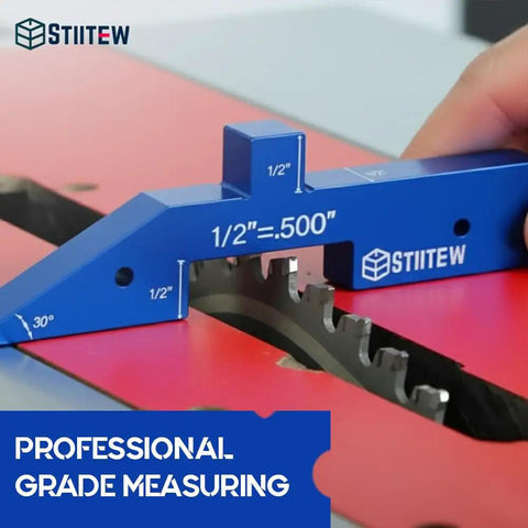 Pro Grade Woodworking Setup Blocks Kit With 0.001 Inch Accuracy featuring blue aluminum router table setup bars and height gauge in use