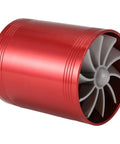 Red metal double turbine air intake fan, 6.0cm inner, 6.5cm outer diameter, 7.5cm length, boosts airflow and saves gas, easy plug install.
