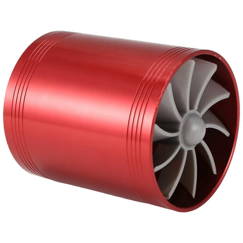 Red metal double turbine air intake fan, 6.0cm inner, 6.5cm outer diameter, 7.5cm length, boosts airflow and saves gas, easy plug install.
