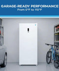 21 Cu Ft Frost Free Convertible Upright Freezer With Turbo Freeze And MaxxSpace Insulation Garage Ready in a garage setting.