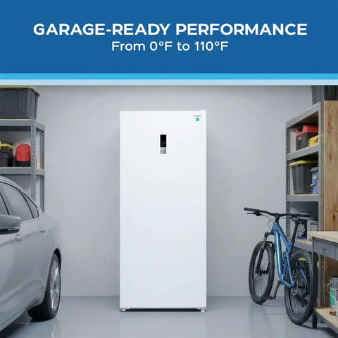 21 Cu Ft Frost Free Convertible Upright Freezer With Turbo Freeze And MaxxSpace Insulation Garage Ready in a garage setting.