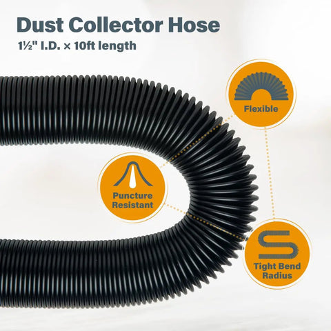 10 Foot Vacuum Hose Kit With 1 Inch And 1 1/2 Inch Quick Change Adapters Plus Two And A Quarter Inch To Two And A Half Inch Dust Port Adapter showcasing flexibility and puncture resistance.